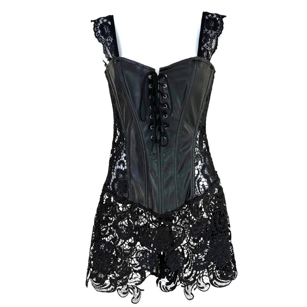 Black Faux Leather and Lace Corset Top